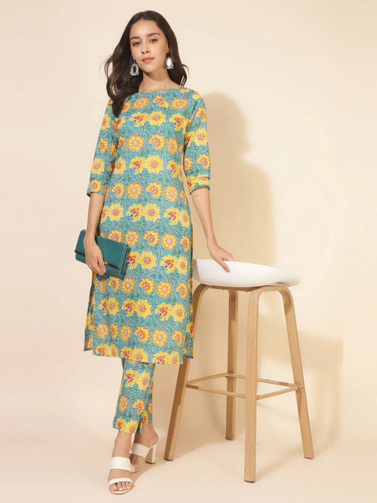 Sea green cotton floral printed kurta pant set for women – casual ethnic co-ord set