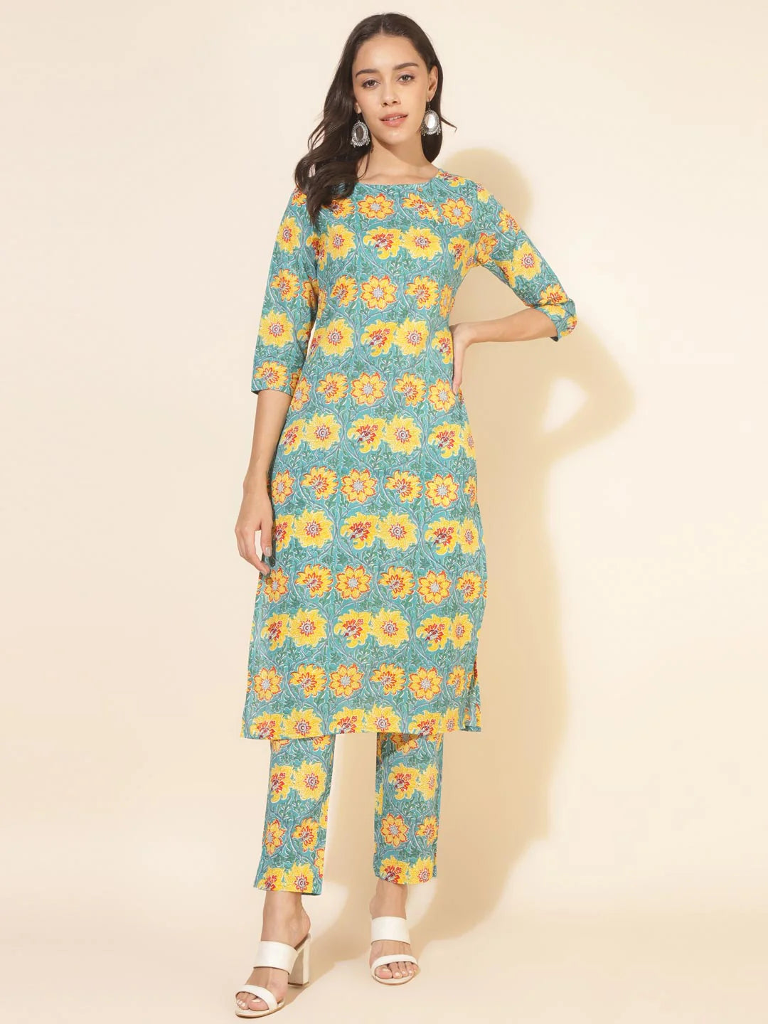 Sea green cotton floral printed kurta pant set for women – casual ethnic co-ord set