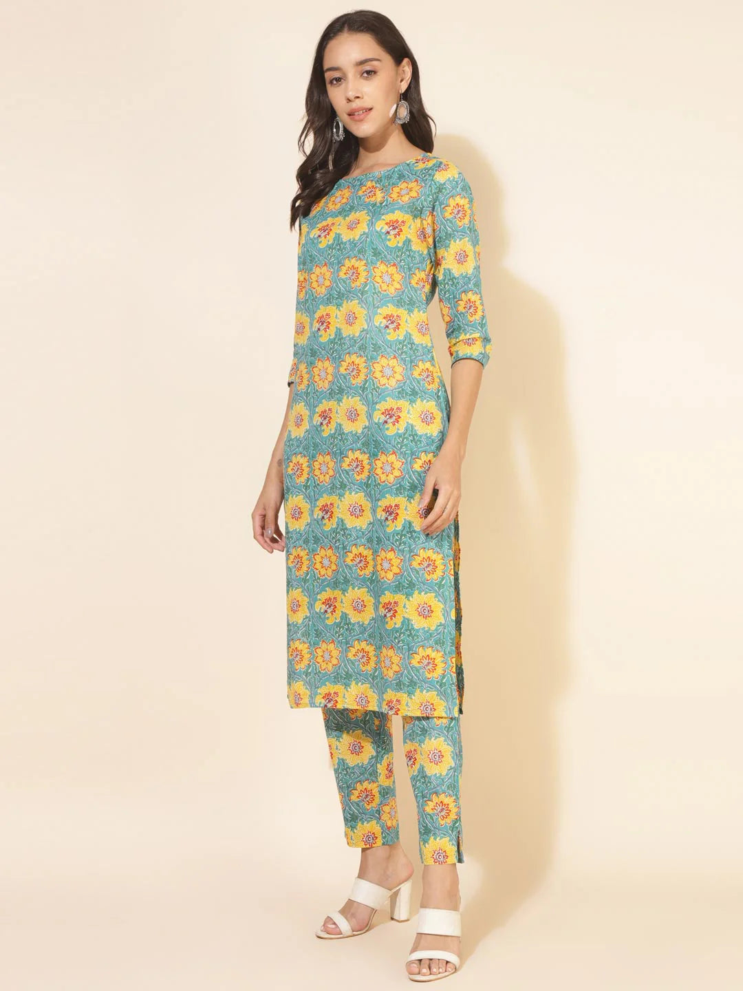 Sea green cotton floral printed kurta pant set for women – casual ethnic co-ord set