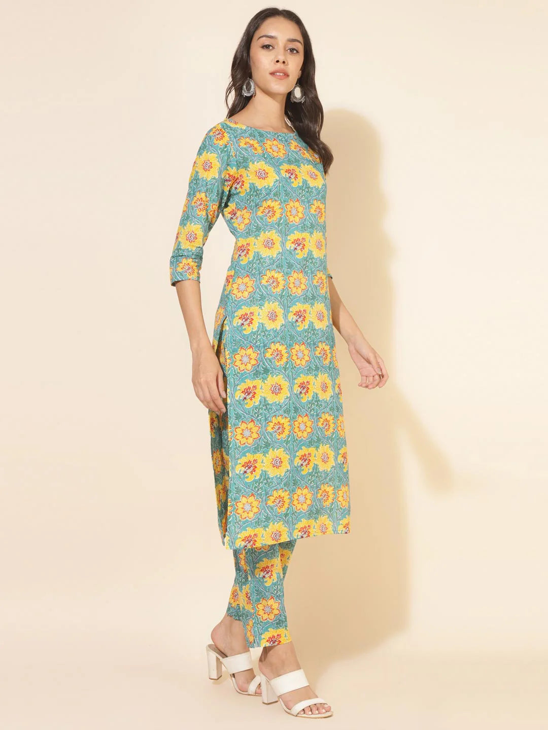 Sea green cotton floral printed kurta pant set for women – casual ethnic co-ord set