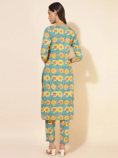 Sea green cotton floral printed kurta pant set for women – casual ethnic co-ord set