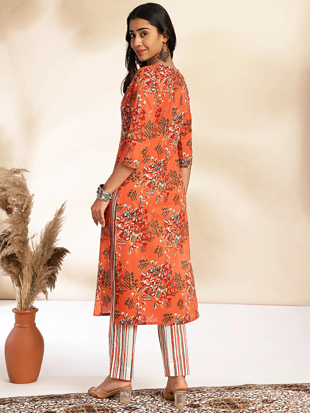 Rust cotton floral printed kurta set for women with straight pants – casual ethnic wear