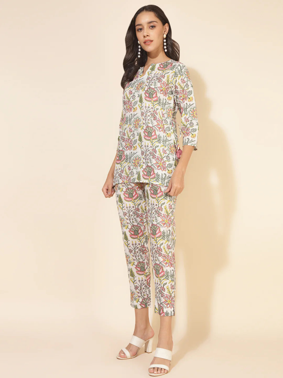 White cotton co-ord set for women with tassels, waist tie-up, and pocket – casual daily wear