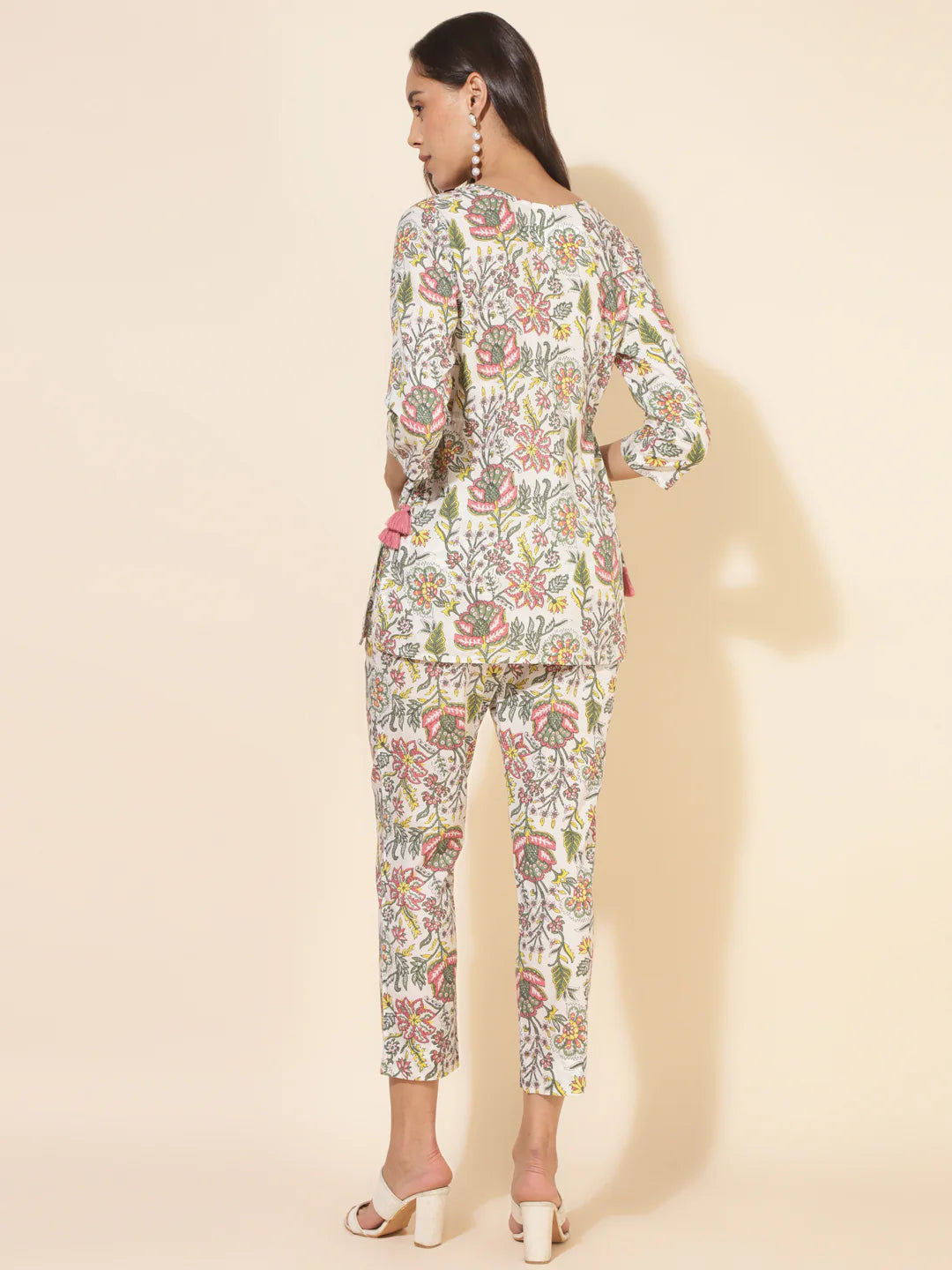 White cotton co-ord set for women with tassels, waist tie-up, and pocket – casual daily wear