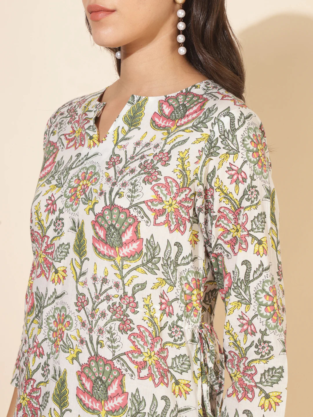 White cotton co-ord set for women with tassels, waist tie-up, and pocket – casual daily wear