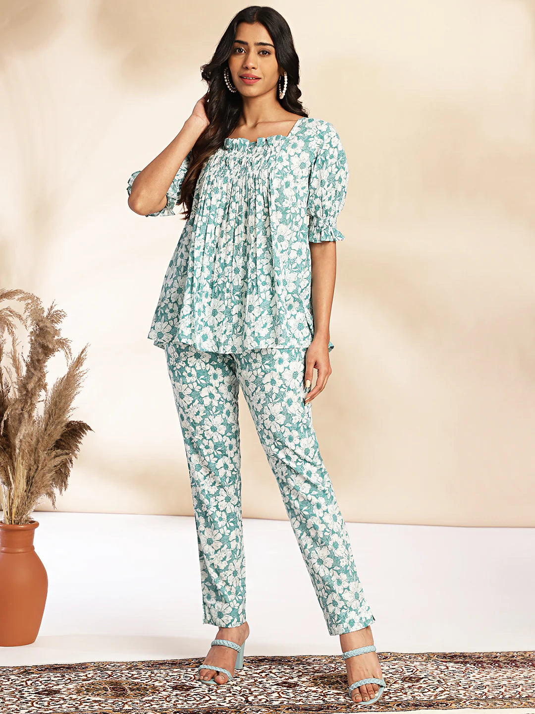 Mint cotton floral printed ruched kurta pant set for women with notch neck and button detail – casual wear