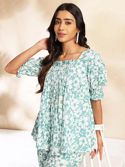 Mint cotton floral printed ruched kurta pant set for women with notch neck and button detail – casual wear