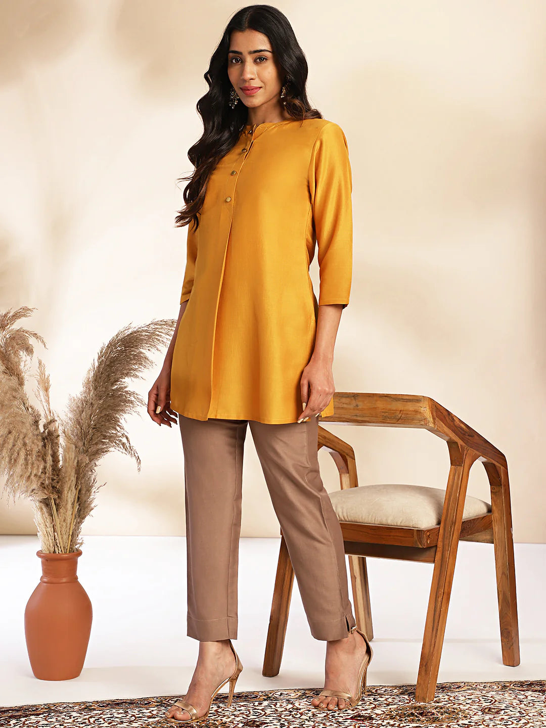 Mustard Chinnon Solid Regular Kurta with Pant Set for Women
