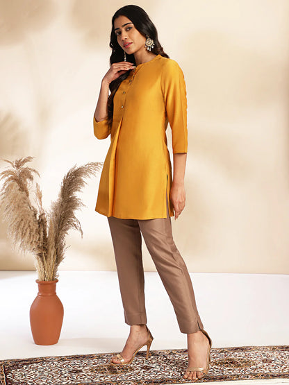 Mustard Chinnon Solid Regular Kurta with Pant Set for Women