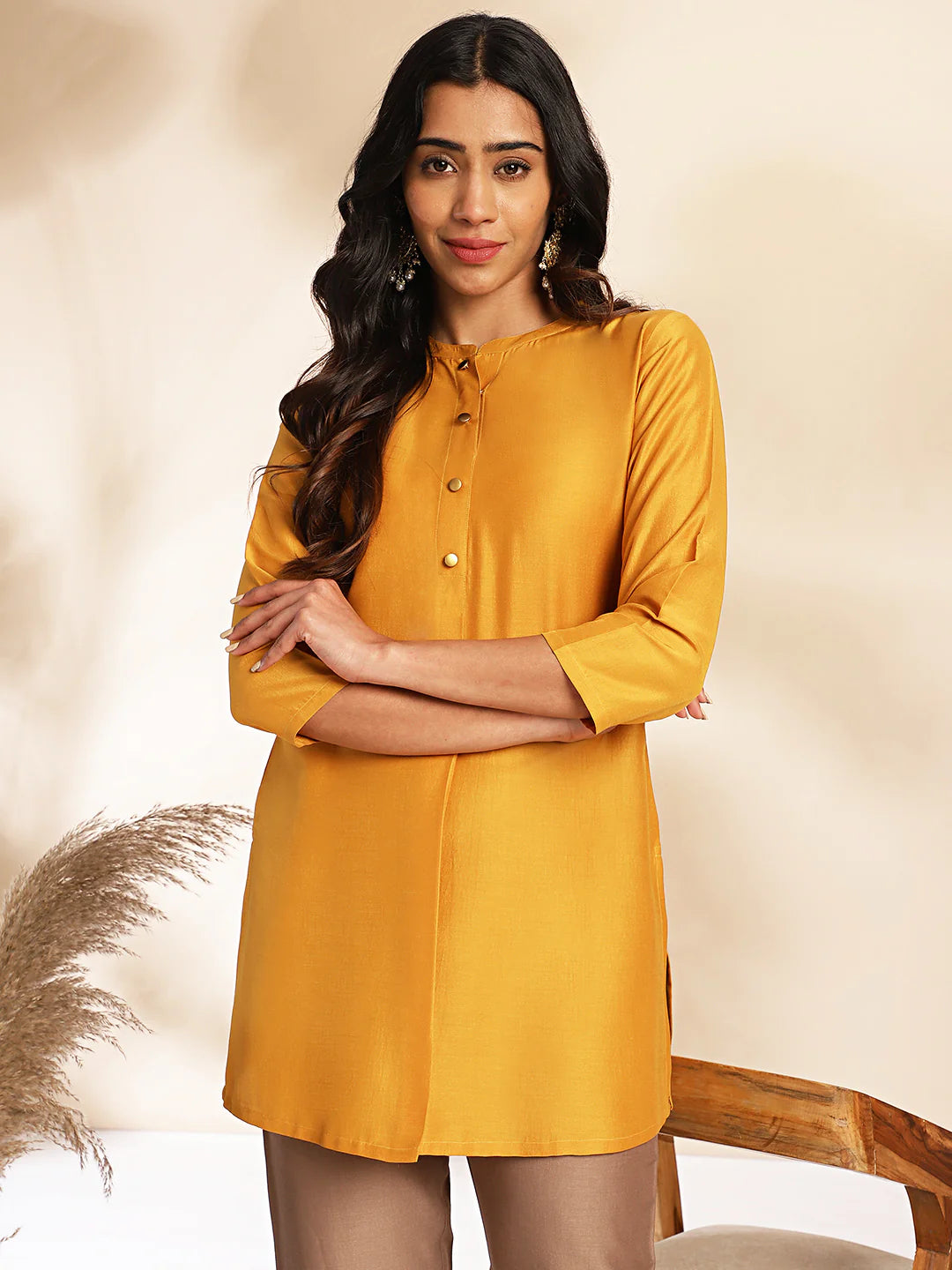 Mustard Chinnon Solid Regular Kurta with Pant Set for Women