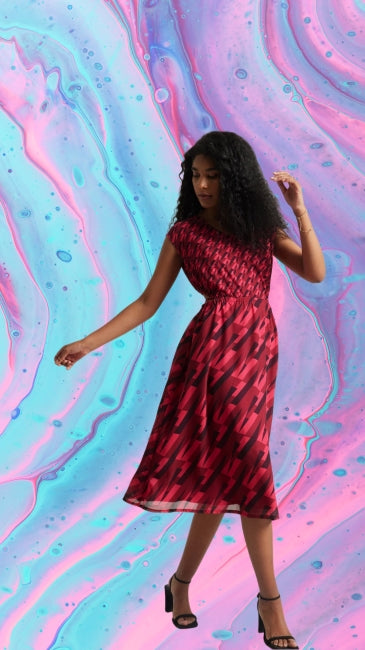 Georgette Geometric Print Cut-Out Dress for Women – Sleeveless Midi Dress, Sizes S to XL