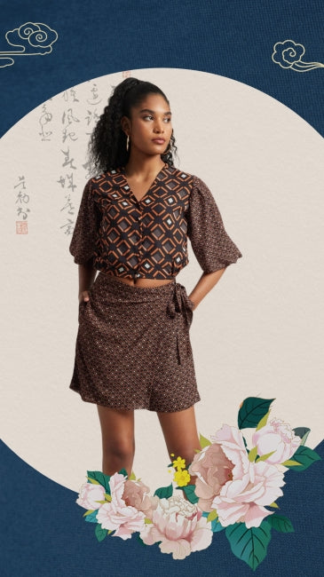 Black Geometric Print Co-ord Set for Women – V-Neck Top & Wrap Skirt, Sizes S to XL