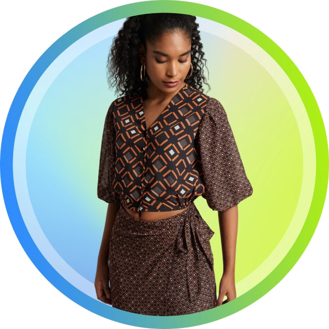 Black Geometric Print Co-ord Set for Women – V-Neck Top & Wrap Skirt, Sizes S to XL