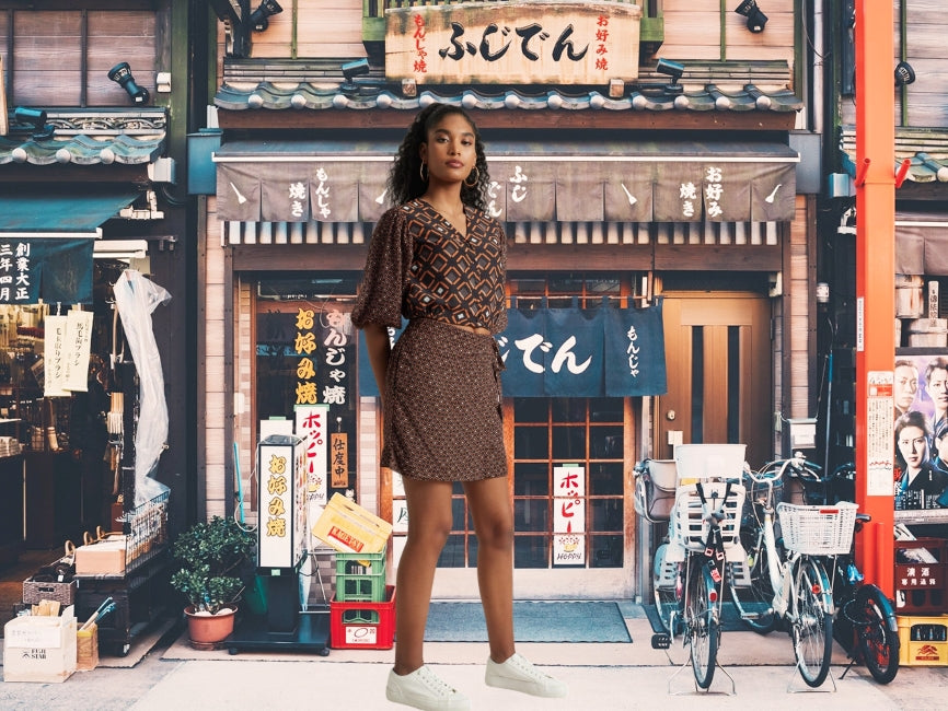 Black Geometric Print Co-ord Set for Women – V-Neck Top & Wrap Skirt, Sizes S to XL