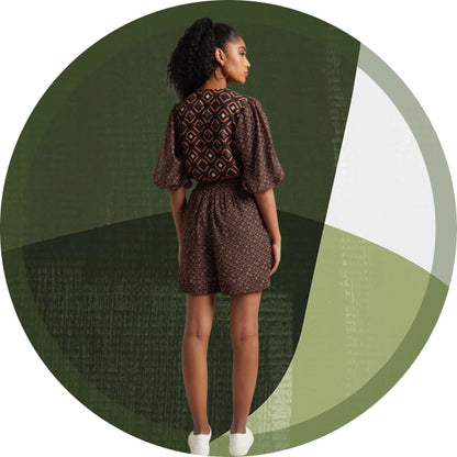 Black Geometric Print Co-ord Set for Women – V-Neck Top & Wrap Skirt, Sizes S to XL