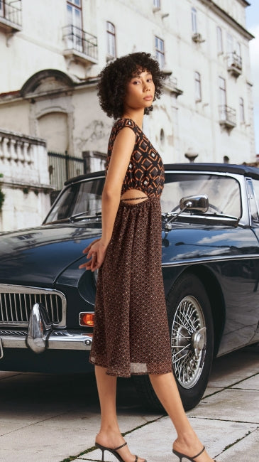 Black Geometric Print Side Cut-Out Dress for Women – Sleeveless Midi Dress, Sizes S to XL