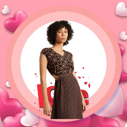 Black Geometric Print Side Cut-Out Dress for Women – Sleeveless Midi Dress, Sizes S to XL