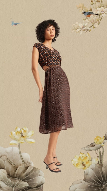 Black Geometric Print Side Cut-Out Dress for Women – Sleeveless Midi Dress, Sizes S to XL