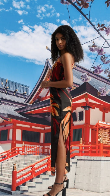 Abstract Print Side Slit Maxi Dress for Women – One Shoulder Asymmetrical Hem, Sizes S to XL