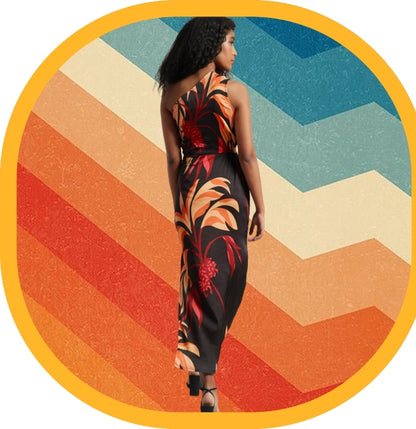 Abstract Print Side Slit Maxi Dress for Women – One Shoulder Asymmetrical Hem, Sizes S to XL