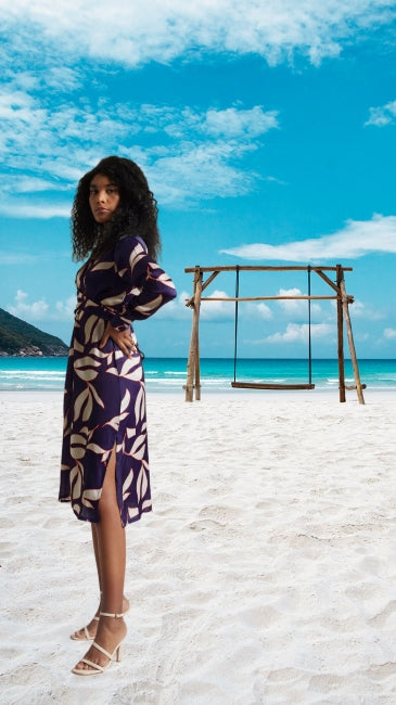 Abstract Print A-Line Dress for Women – Long Sleeve Midi Dress, Sizes S to XL