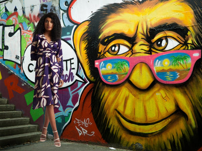 Abstract Print A-Line Dress for Women – Long Sleeve Midi Dress, Sizes S to XL