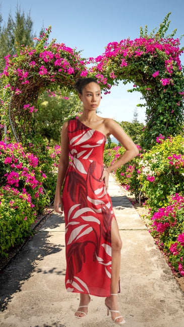 Abstract Print Side Cut-Out Maxi Dress for Women – One Shoulder Slit Dress, Sizes S to XL