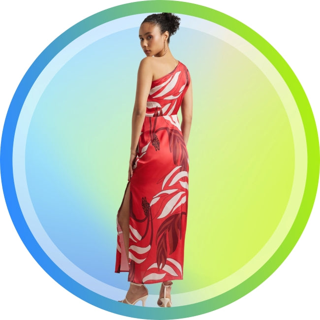 Abstract Print Side Cut-Out Maxi Dress for Women – One Shoulder Slit Dress, Sizes S to XL