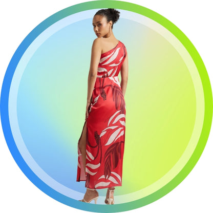 Abstract Print Side Cut-Out Maxi Dress for Women – One Shoulder Slit Dress, Sizes S to XL