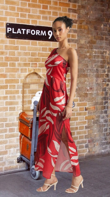 Abstract Print Side Cut-Out Maxi Dress for Women – One Shoulder Slit Dress, Sizes S to XL