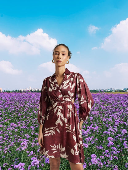 Satin Abstract Print Side Cut-Out Dress for Women – Long Sleeve Mini Dress, Sizes S to XL