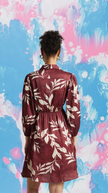 Satin Abstract Print Side Cut-Out Dress for Women – Long Sleeve Mini Dress, Sizes S to XL