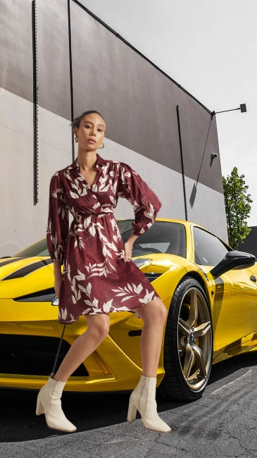 Satin Abstract Print Side Cut-Out Dress for Women – Long Sleeve Mini Dress, Sizes S to XL