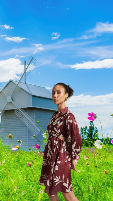 Satin Abstract Print Side Cut-Out Dress for Women – Long Sleeve Mini Dress, Sizes S to XL