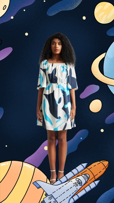 Satin Abstract Print Back Cut-Out Dress for Women – Short Sleeve Mini Dress, Sizes S to XL