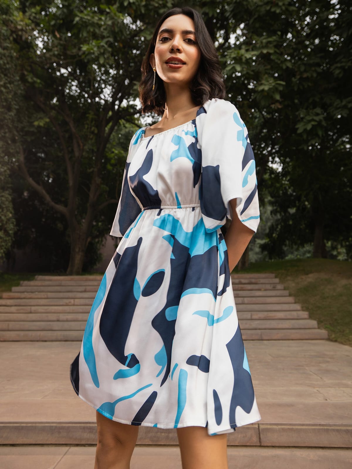 Satin Abstract Print Back Cut-Out Dress for Women – Short Sleeve Mini Dress, Sizes S to XL