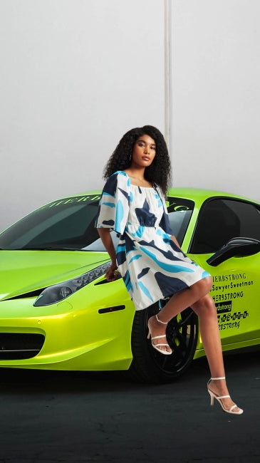 Satin Abstract Print Back Cut-Out Dress for Women – Short Sleeve Mini Dress, Sizes S to XL