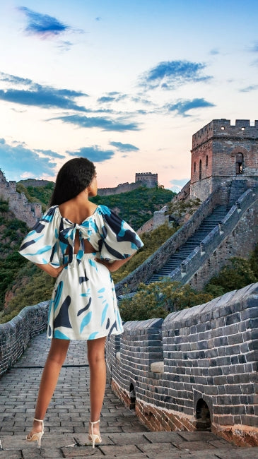 Satin Abstract Print Back Cut-Out Dress for Women – Short Sleeve Mini Dress, Sizes S to XL