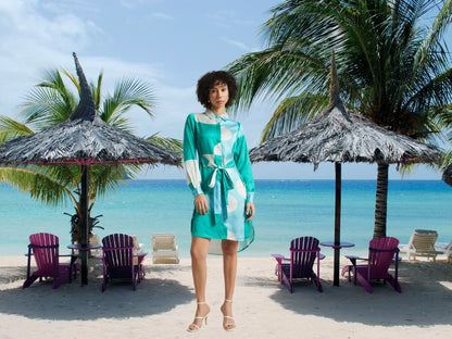 Satin Abstract Print Button Down Dress for Women – Long Sleeve Belted Mini Dress, Sizes S to XL