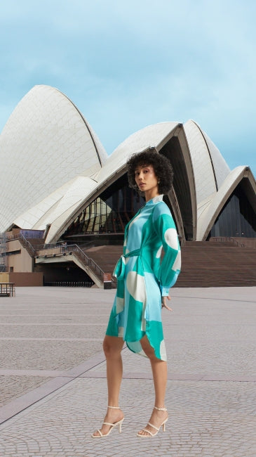 Satin Abstract Print Button Down Dress for Women – Long Sleeve Belted Mini Dress, Sizes S to XL