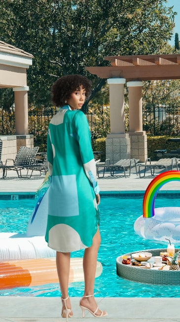 Satin Abstract Print Button Down Dress for Women – Long Sleeve Belted Mini Dress, Sizes S to XL