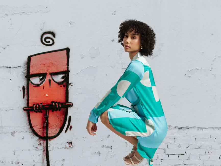 Satin Abstract Print Button Down Dress for Women – Long Sleeve Belted Mini Dress, Sizes S to XL