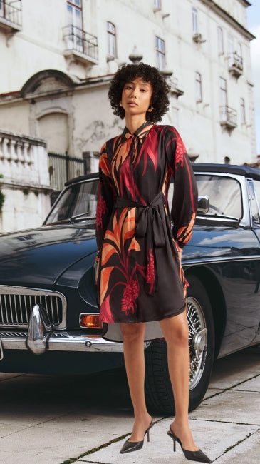 Satin Abstract Print Button Down Dress for Women – Long Sleeve Mini Shirt Dress, Sizes S to XL