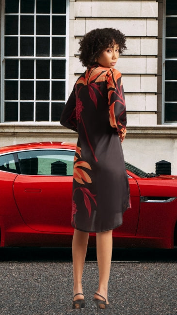 Satin Abstract Print Button Down Dress for Women – Long Sleeve Mini Shirt Dress, Sizes S to XL