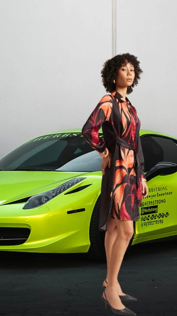 Satin Abstract Print Button Down Dress for Women – Long Sleeve Mini Shirt Dress, Sizes S to XL