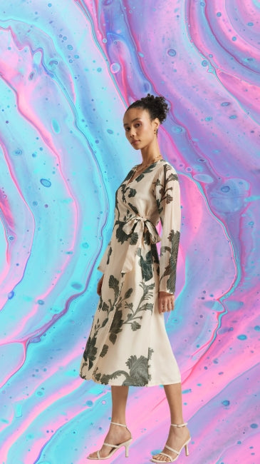 Organza Floral Print Wrap Dress for Women – Long Sleeve Midi Dress, Sizes S to XL