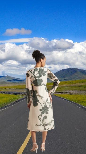 Organza Floral Print Wrap Dress for Women – Long Sleeve Midi Dress, Sizes S to XL