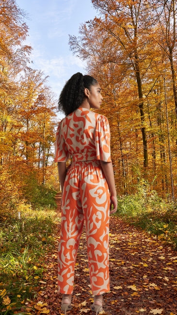 Satin Abstract Print Wrap Co-ord Set for Women – Short Sleeve Top & Straight Pant, Sizes S to XL