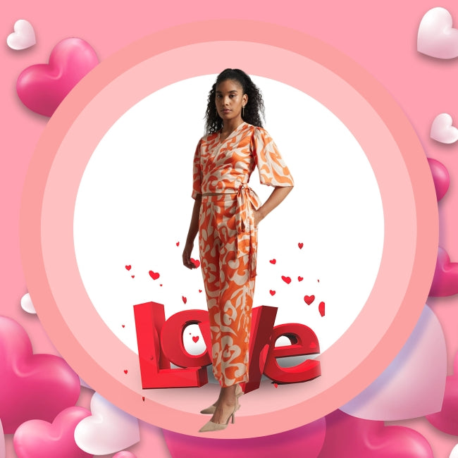 Satin Abstract Print Wrap Co-ord Set for Women – Short Sleeve Top & Straight Pant, Sizes S to XL