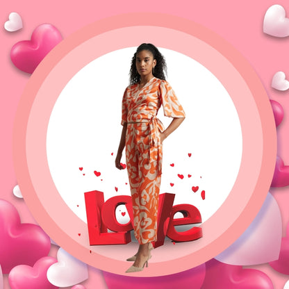 Satin Abstract Print Wrap Co-ord Set for Women – Short Sleeve Top & Straight Pant, Sizes S to XL